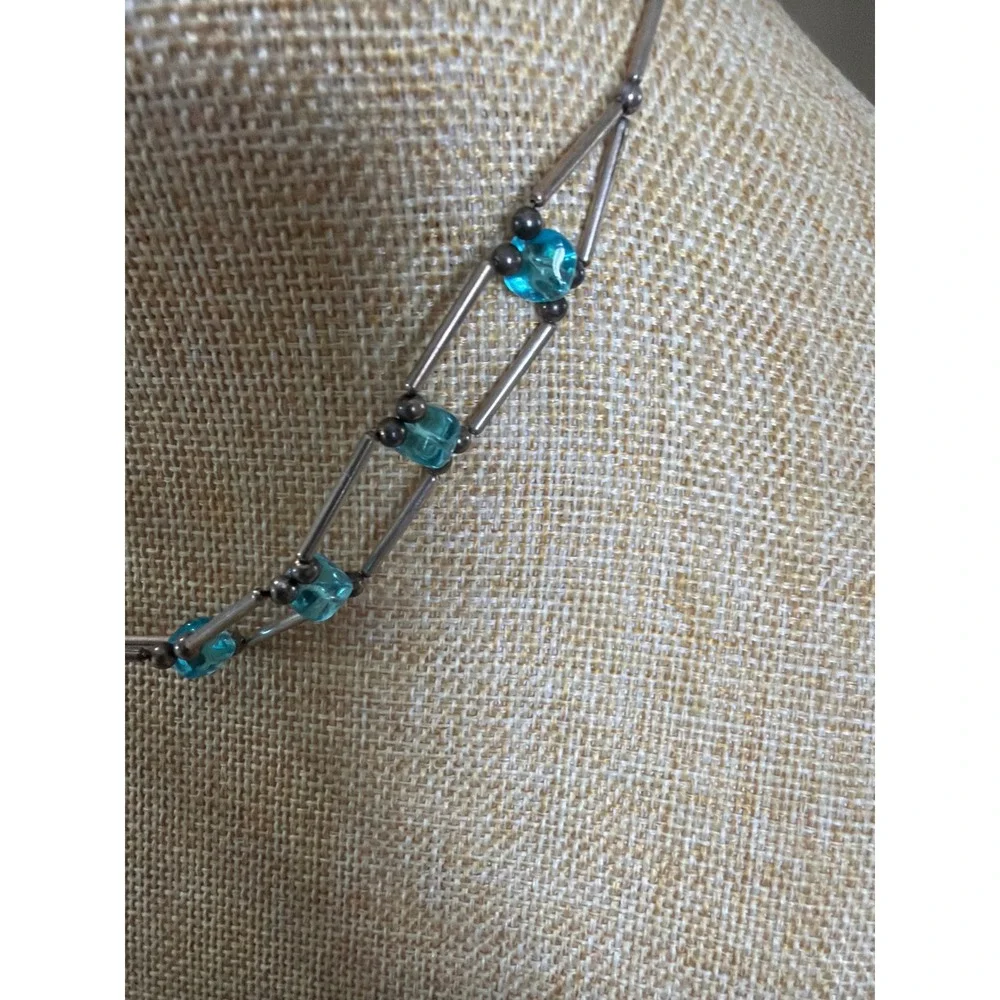 Turquoise Blue Square Glass Bead Liquid Silver‎ Bar Chain Necklace Boho Layering